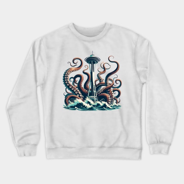 Kraken Attacking the Space Needle | Seattle Kraken Crewneck Sweatshirt by blueduckstuff